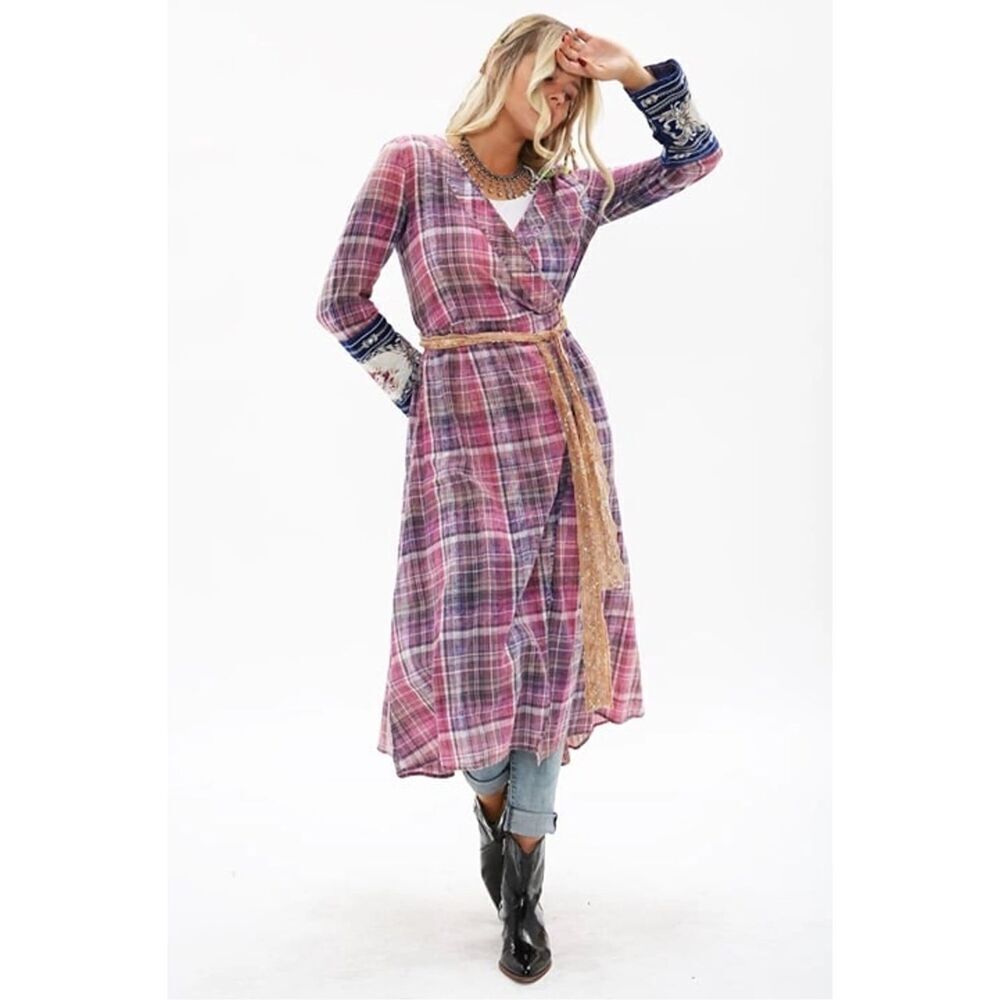 Aratta Silent Journey Boho Plaid Purple Pink Wrap Dress Size XS